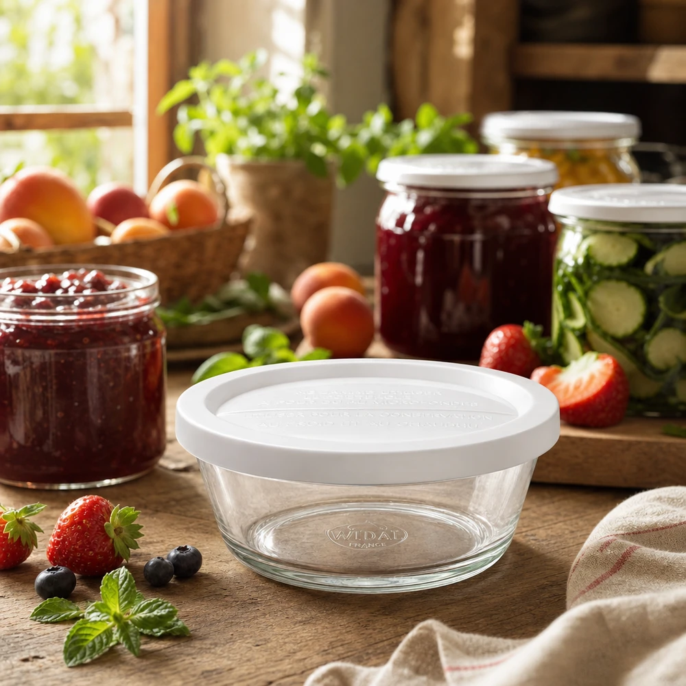 300 ml gourmetglas med fres. WECK RR120 WECK Gourmetglas RR120 in gemütlicher Küche mit Einmachgläsern und frischen Früchten für moderne Vorratshaltung