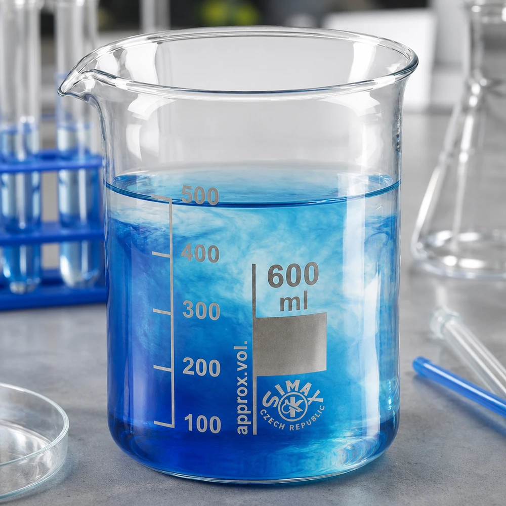 Bæger 600 ml borosilikatglas, lav skimmel Varmebestandigt bæger 600 ml med lav form lavet af robust borosilikatglas til laboratoriebrug