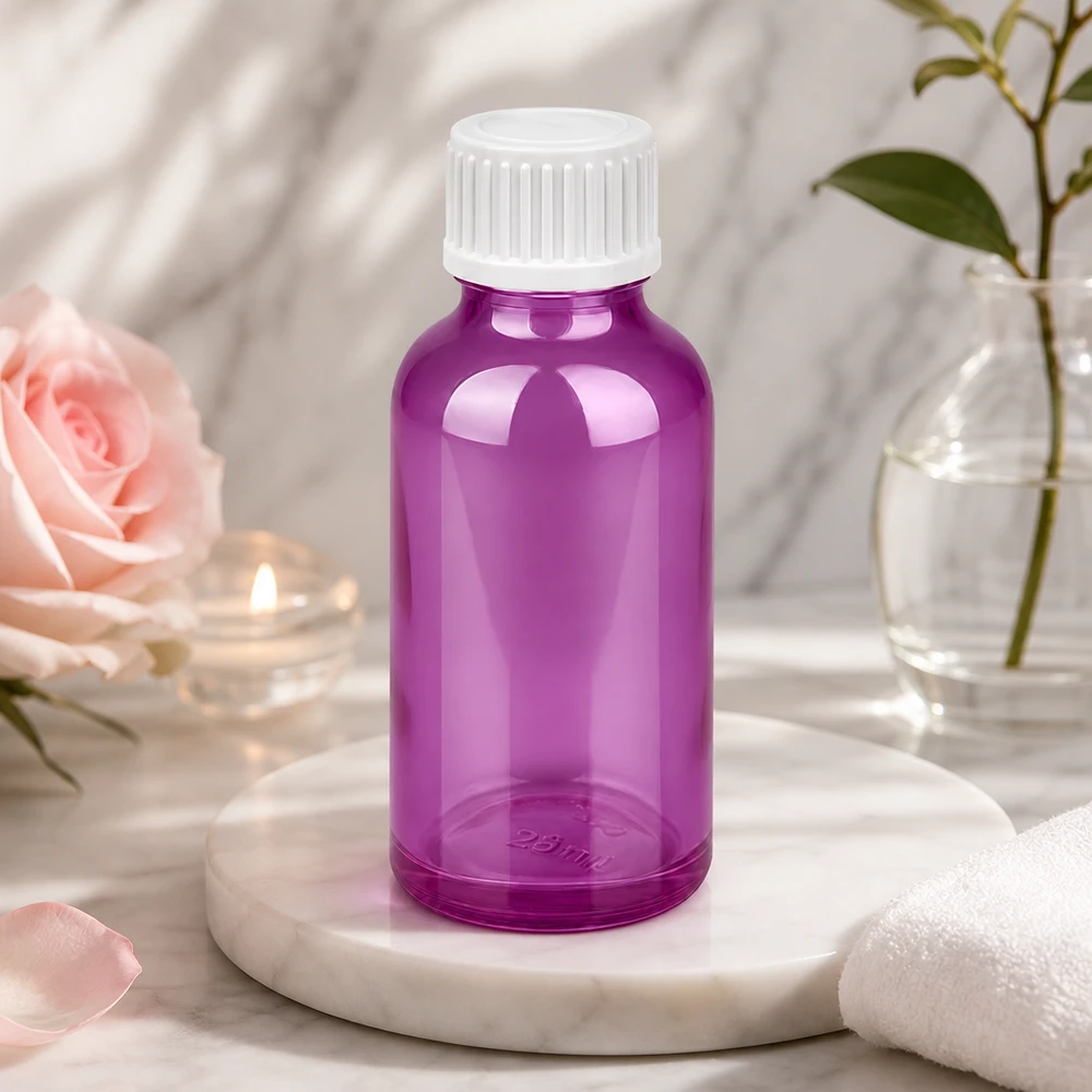 30 ml dråbeflaske 0,9 mm hvid standard PurpleLine. UT18/30 Praktisk 30 ml dråbeflaske i elegant violet til aromaterapi og gør-det-selv-kosmetik