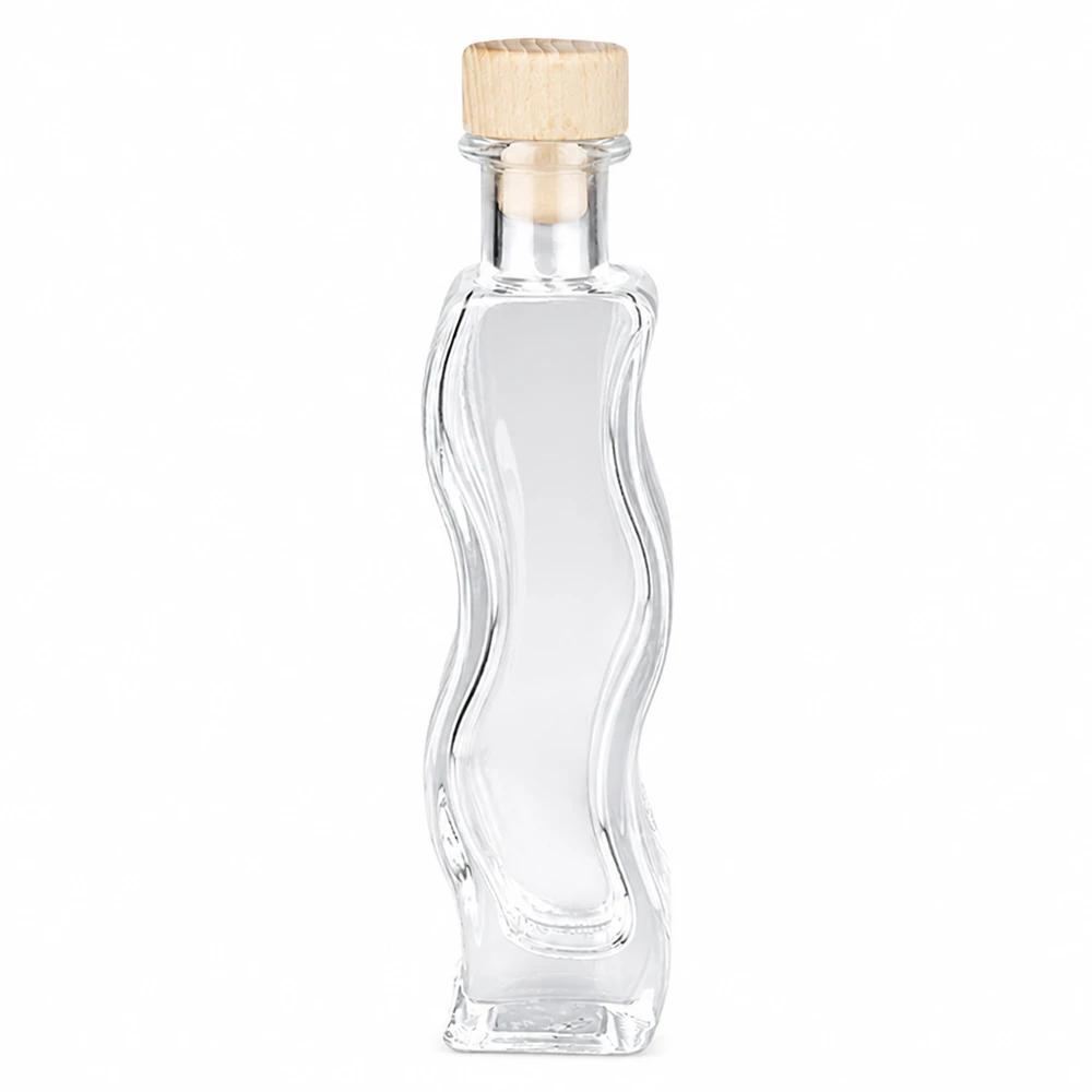 100 ml Glasflaske Melissa med træhåndtag og prop UNiTWIST® 100 ml glasflaske Melissa med træhåndtag kork UNiTWIST buet form tom gennemsigtig dekorativ flaske