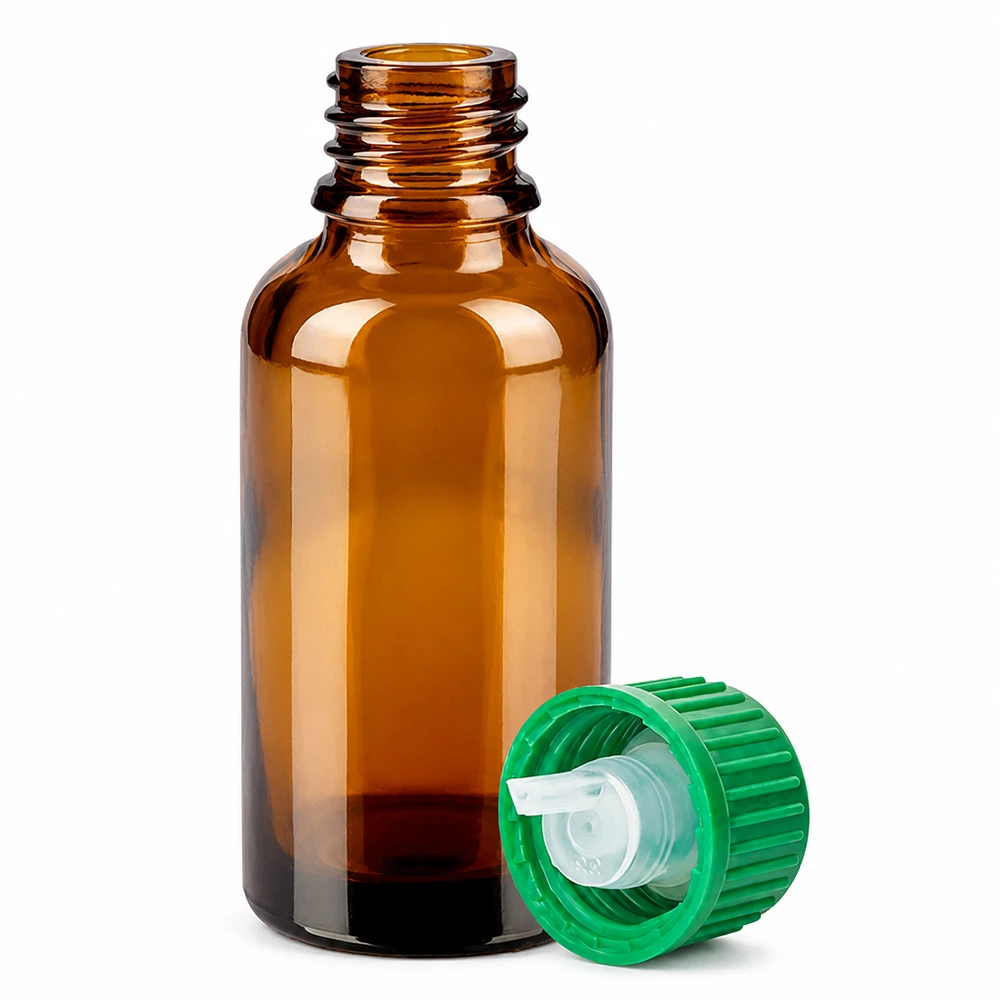 30 ml Dropperflaske 0,8 mm grøn STD BrownLine UT18/30 30 ml dråbeflaske af ravfarvet glas med 0,8 mm åbning til fin dosering af æteriske olier