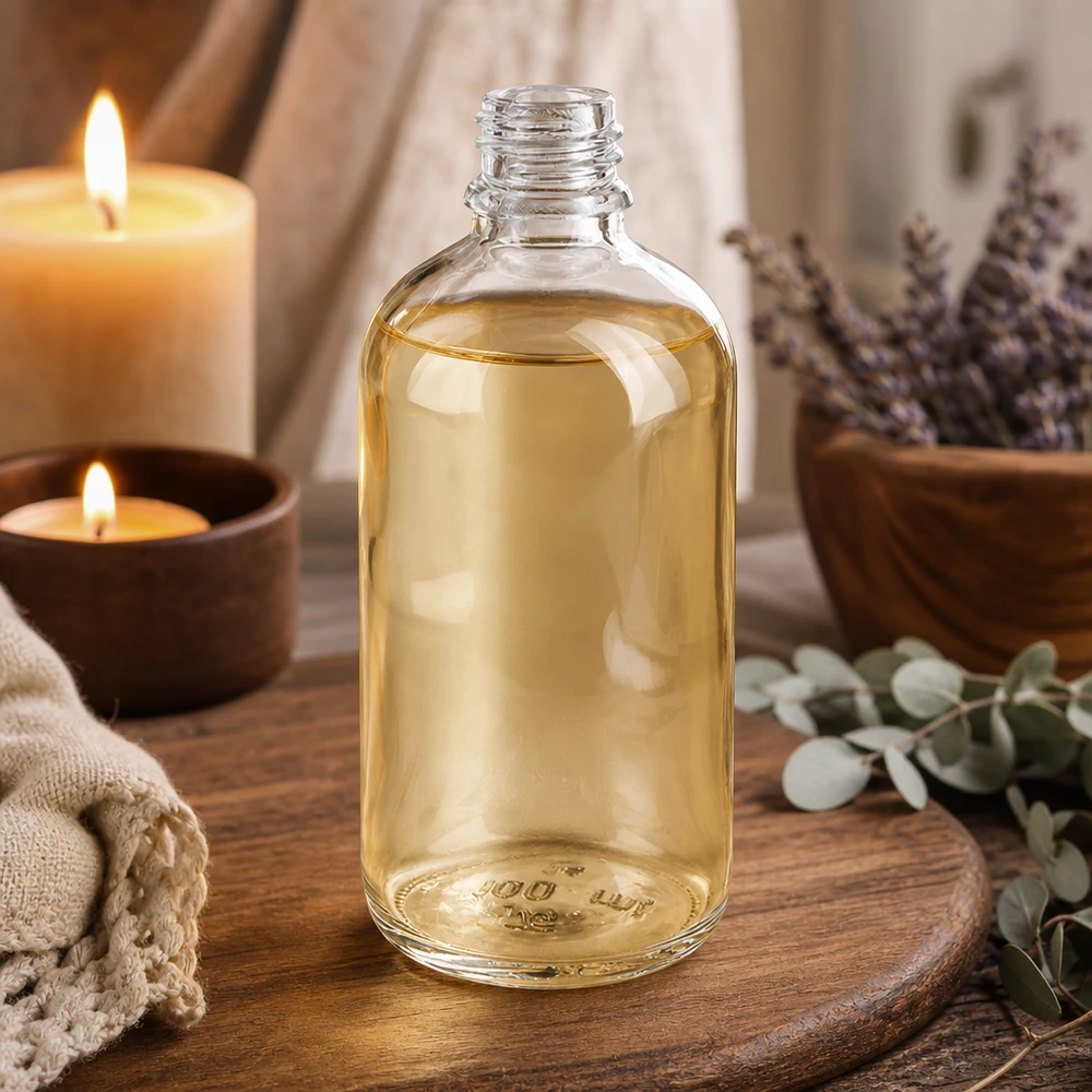 100 ml Apoteksflaske ClearLine DIN18 UNiTWIST Gennemsigtig 100 ml glasflaske af typen ClearLine DIN18 med lys olie på et træbræt ved siden af lavendel og stearinlys