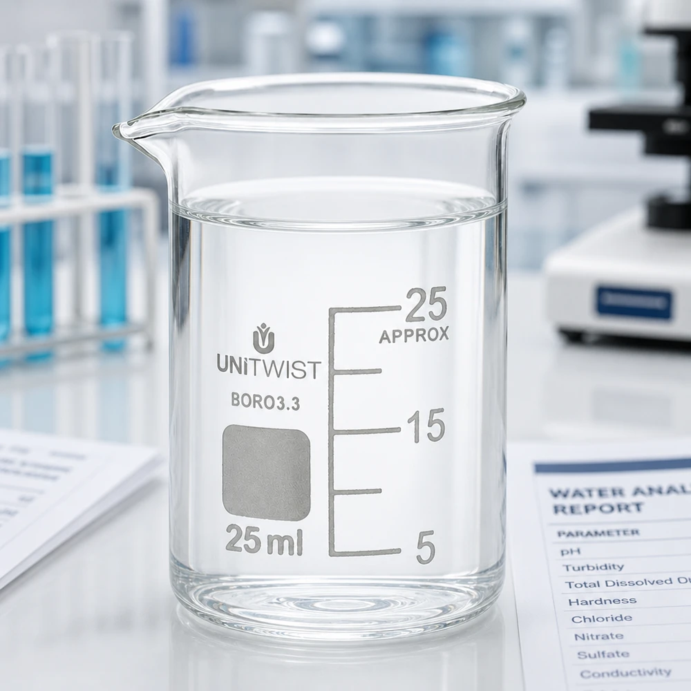 Bæger 25 ml borosilikat, lav skimmel UNiTWIST UNiTWIST 25 ml lavt bægerglas med vandanalyserapport og mikroskop i laboratoriet