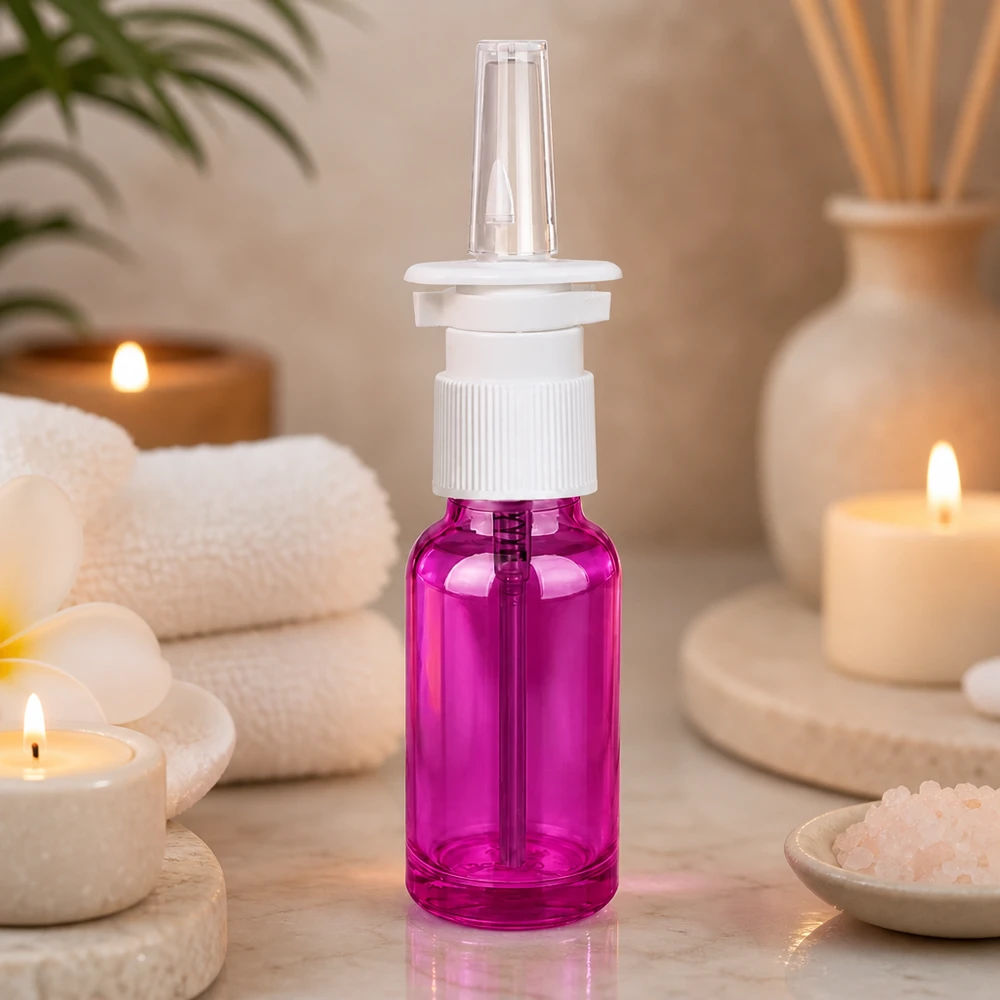 20 ml næsesprayflaske hvid/transparent standard PurpleLine. UT18/20 Kompakt 20 ml næsesprayflaske med STD-gevind i lilla til medicinsk brug