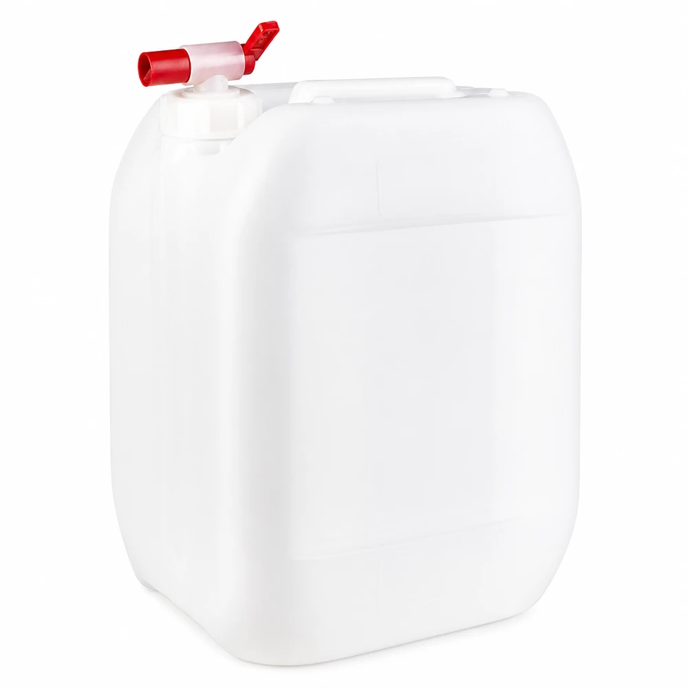 Hvid 10-liters dunk af HDPE-plast med rød udløbshane, der åbnes ovenfra