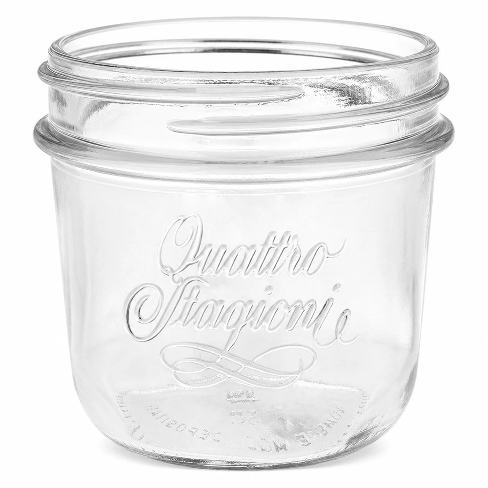 200 ml "Quattro Stagioni"-smykkeglas 200 ml Quattro Stagioni-konservesglas af klart glas med præget logo uden låg til konservering og opbevaring