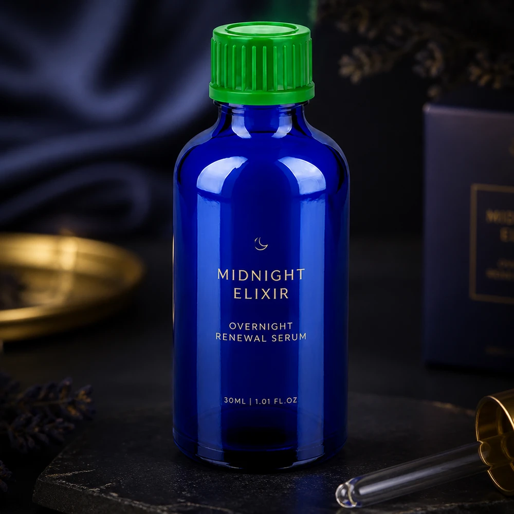 50 ml koboltfarvet glasflaske med riflet grøn hætte til sikker opbevaring af serum