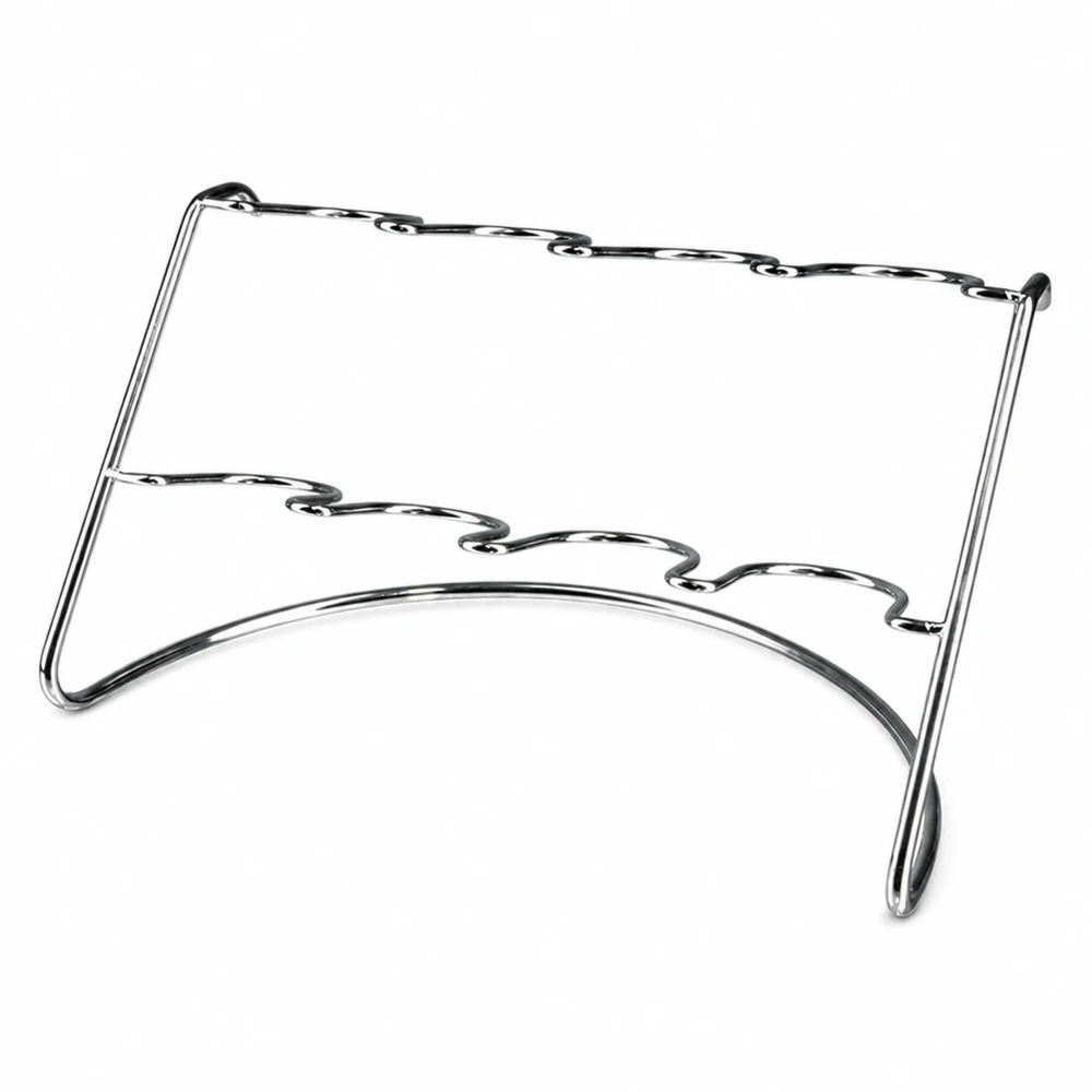 Flato8-serveringsstativ til 8 WECK-glas Flato8 serveringsstativ i rustfrit stål til 8 WECK-bægre med buede holdere på hvid baggrund