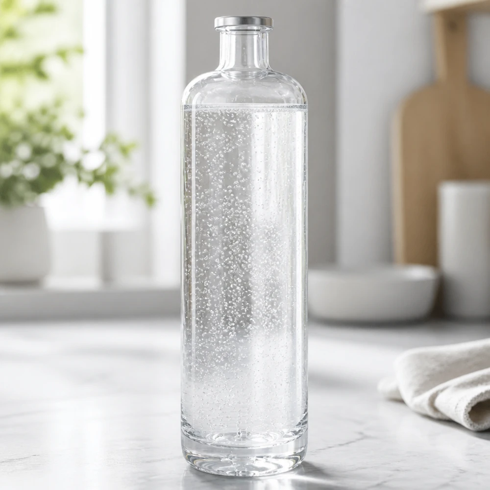 700 ml glasflaske »Ella« uden lukning UNiTWIST® 700 ml glasflaske Ella fyldt med mineralvand med brus på en lys køkkenbordplade i moderne omgivelser