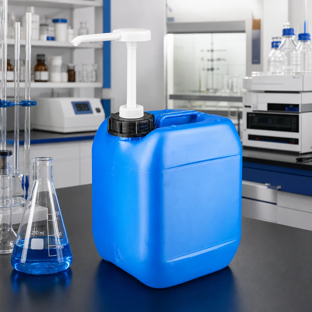5 liters blå dunk med doseringspumpe Firkantet blå plastdunk på 5 liter med en påsat hvid doseringspumpe i laboratoriet