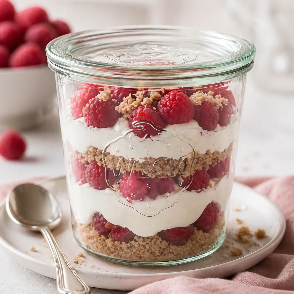 580 ml krukke med glaslåg WECK RR100 WECK-glas 580 ml RR100 som dessertglas med hindbærlagkage og crumble dekorativt arrangeret