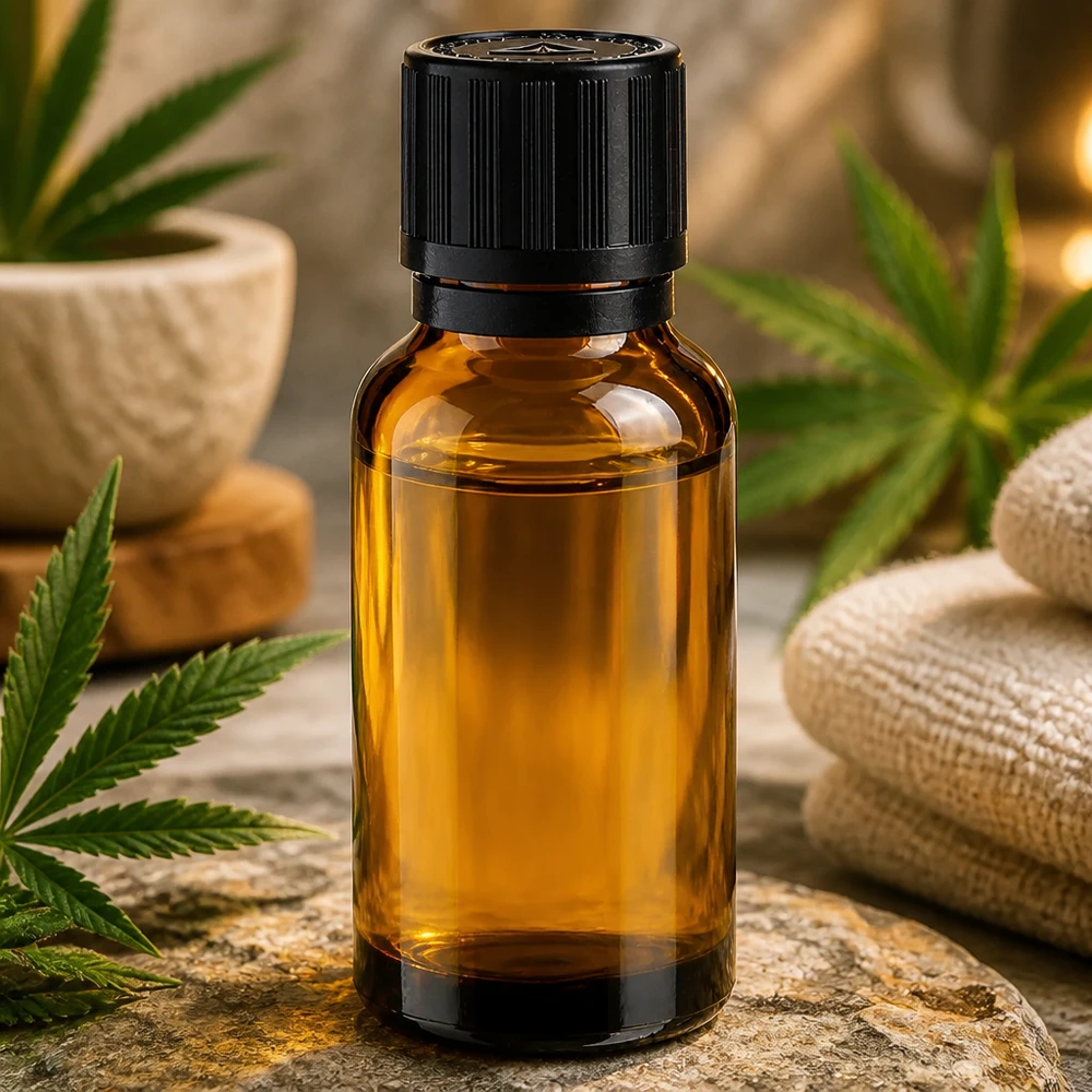 Apotfl. brun 20ml dryp v. Pr. 1mm s. KiSi Bliw OV 20 ml apoteksflaske af brunt glas med sort børnesikret låg mellem cannabisblade