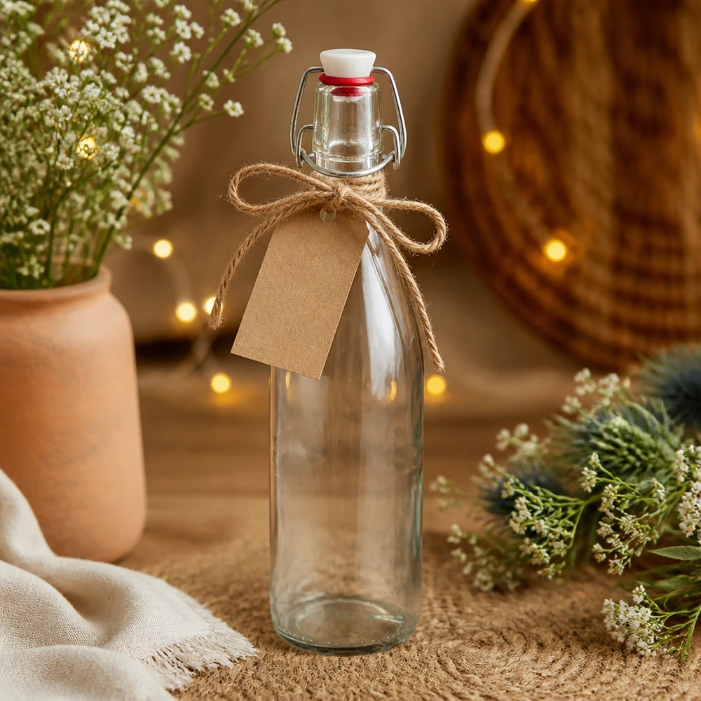 500 ml glasflaske og hængelåg porcelæn UNiTWIST Glasflaske 500 ml swing top porcelæn som gave dekoreret med kraftpapirmærke og jutesnor
