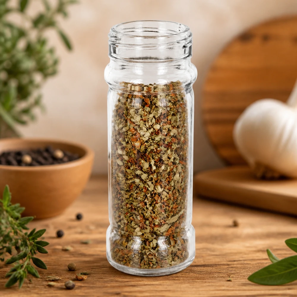 Salt/krydderiglas Mary 100 ml, gevind 41 mm klart glas - matchende låg med 41 mm gevind kan bestilles separat. Krydderiglas »Mary« 100 ml i klart glas med en krydderiblanding på et rustikt træbord ved siden af friske krydderurter