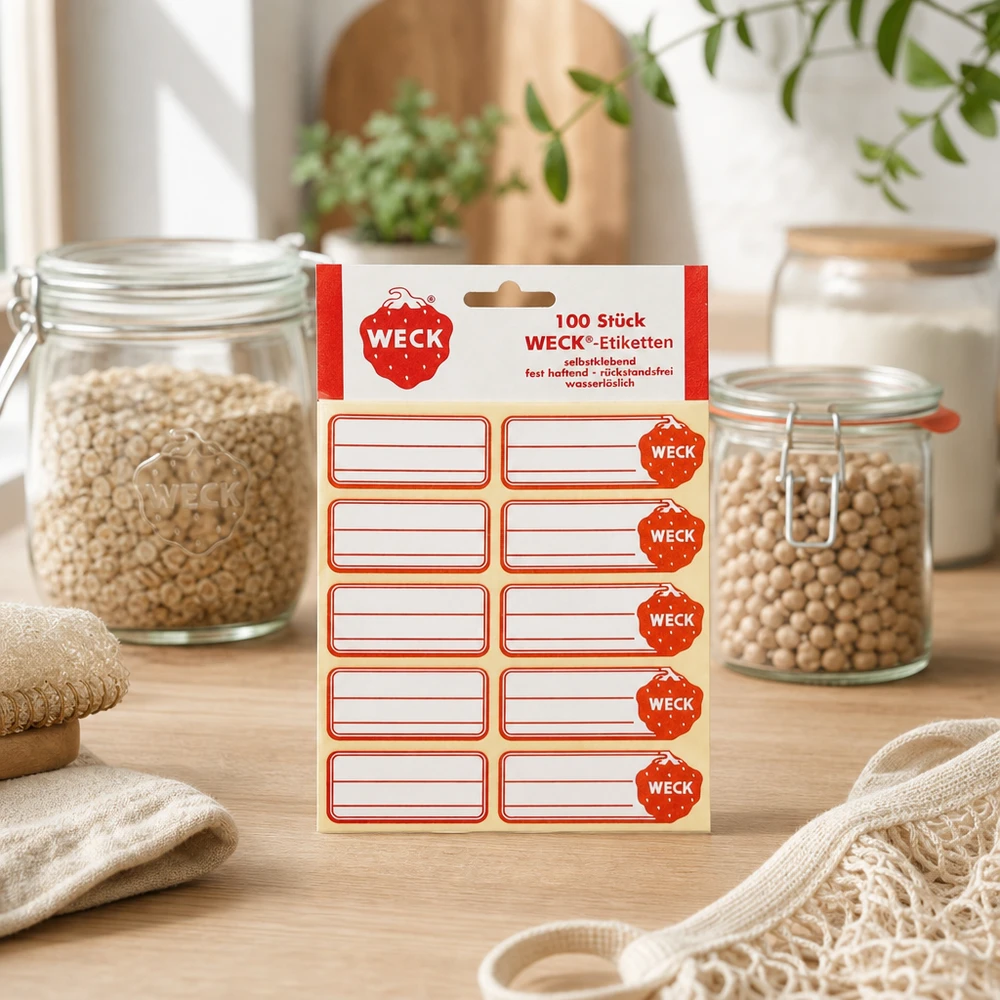 WECK-etiketter 19 x 13 mm (pakke(r) med 100 stk.) WECK labels Produktemballage med 100 selvklæbende klistermærker ved siden af opbevaringsglas med morgenmadsprodukter
