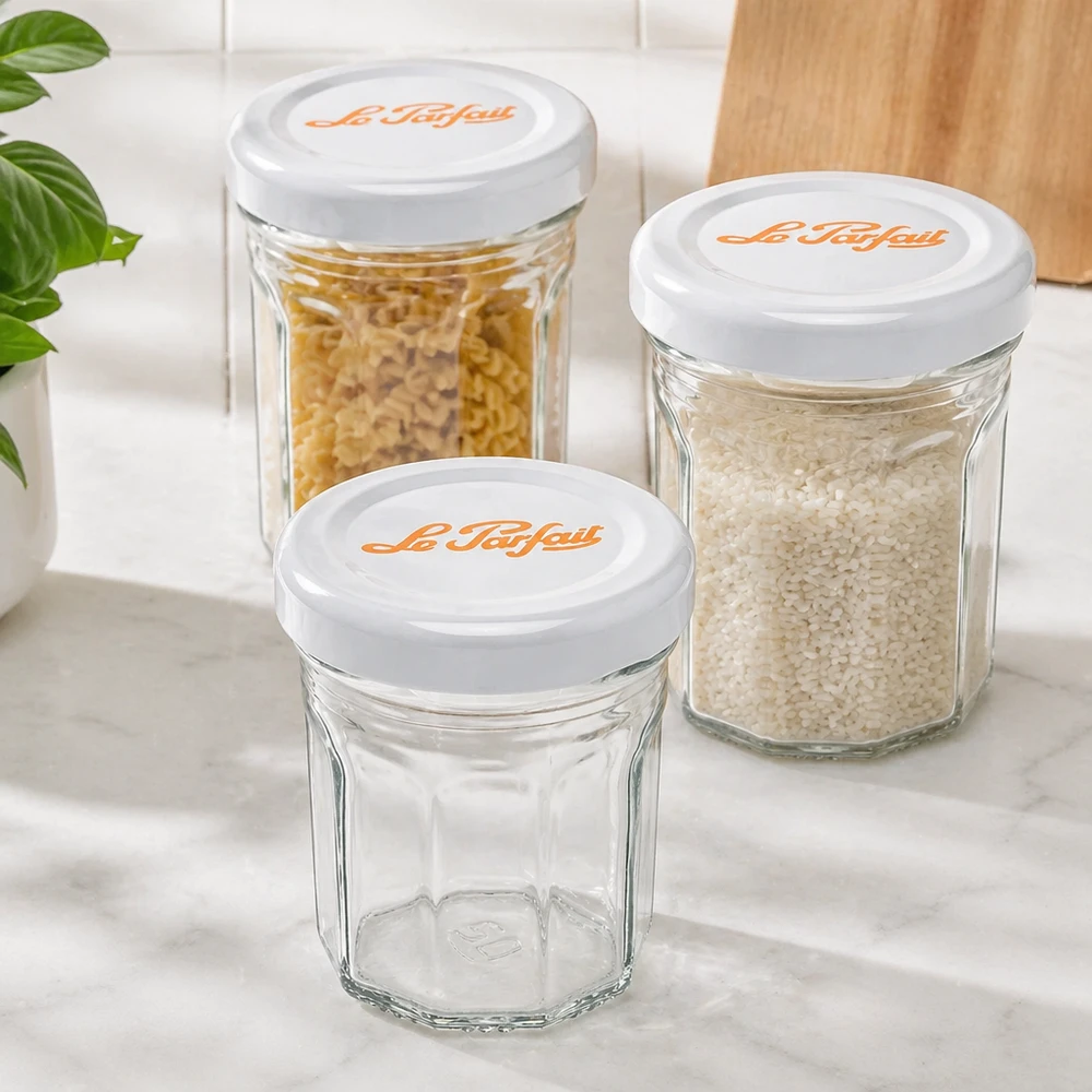 Le Parfait® Mini‑Jam 44 ml Ø48 mm glas Le Parfait minitumblere 44 ml sæt med hvide låg - en tom, to fyldt med ris og pasta