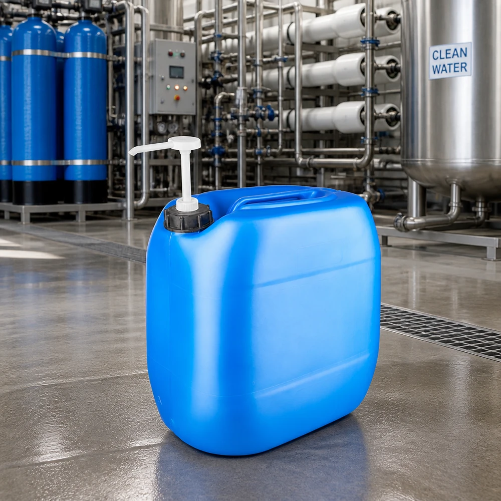 Blå plastdunk på 30 liter med doseringspumpe i et vandrensningsanlæg med et »Clean Water«-skilt