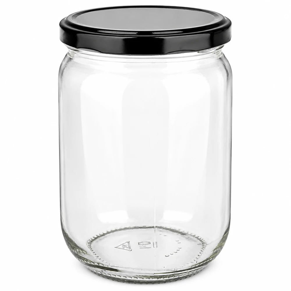 555 ml rundt glas + BasicSeal-låg, sort, UNiTWIST 555 ml rundt glas med sort BasicSeal Twist-Off-låg, tomt og gennemsigtigt
