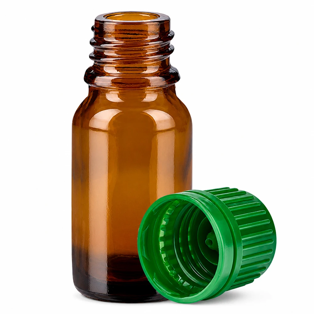 10 ml flaske 11 mm SV grøn OV BrownLine UT18/10 10 ml apotekerflaske af brunt glas med grøn hætte til aromaterapi og naturkosmetik