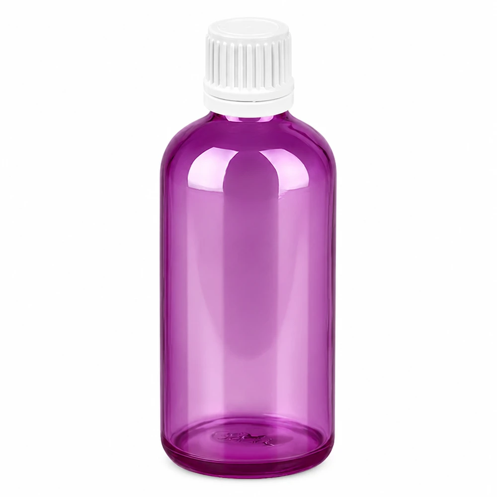 100 ml flaske 11 mm skruelåg hvid Originality skruelåg PurpleLine UT18/100 100 ml glasflaske violet transparent med hvidt skruelåg 11 mm til æteriske olier