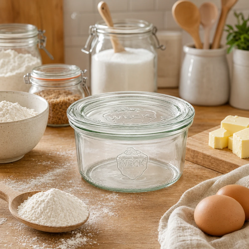 165 ml Briller med glaslåg WECK RR80 WECK 165ml RR80 glaskrukke tom på træplade omgivet af bageingredienser som mel æg smør i køkkenet