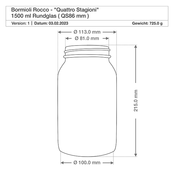 2000 ml rundt glas "Quattro Stagioni" med låg Teknisk tegning Bormioli Rocco Quattro Stagioni 1500ml rund krukke - Mål og specifikationer for konserveringskrukke