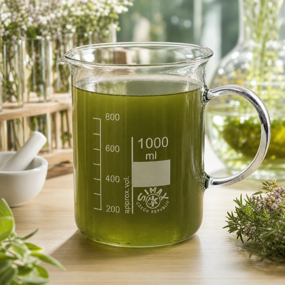 Bæger 1000 ml borosilikatglas, med håndtag 1000 ml bægerglas med hank, fyldt med grøn urteekstrakt og omgivet af friske lægeurter