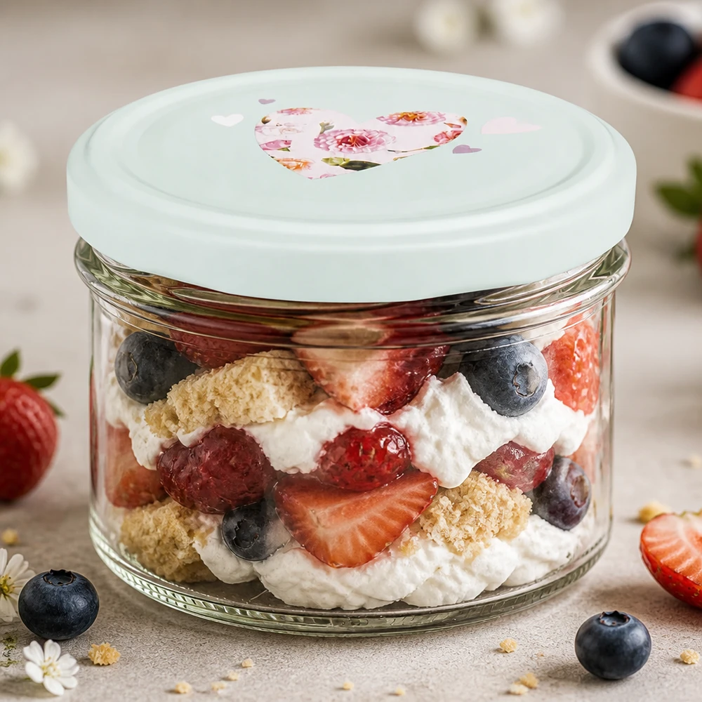 225 ml skålglas + BasicSeal låg hjerte mint UNiTWIST 225 ml-bægre med en lagdelt dessert af bær og fløde demonstrerer alsidigheden i BasicSeal-låget med mynte.