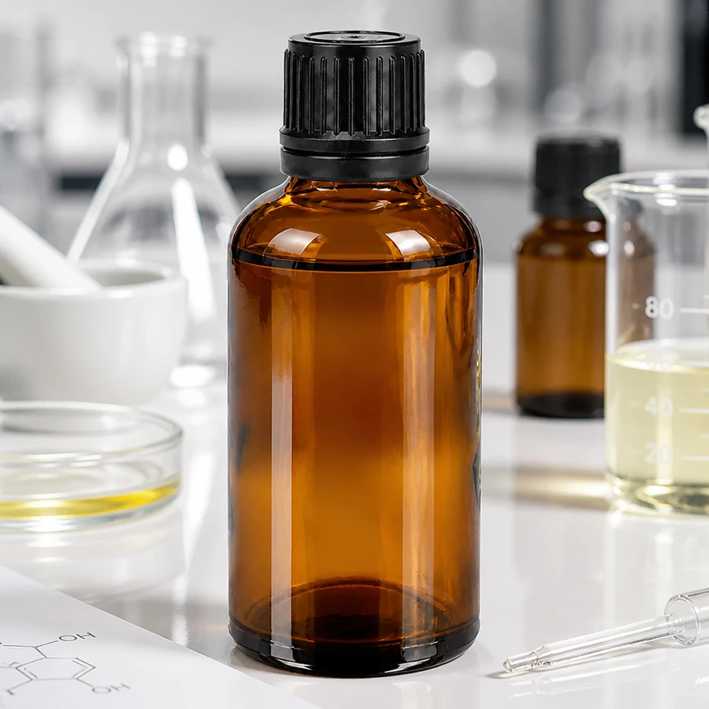50 ml flaske 11 mm SV sort OV BrownLine UT18/50 50 ml ravfarvet glasflaske i laboratoriekvalitet med UV-beskyttelse og sort hætte til sikker opbevaring