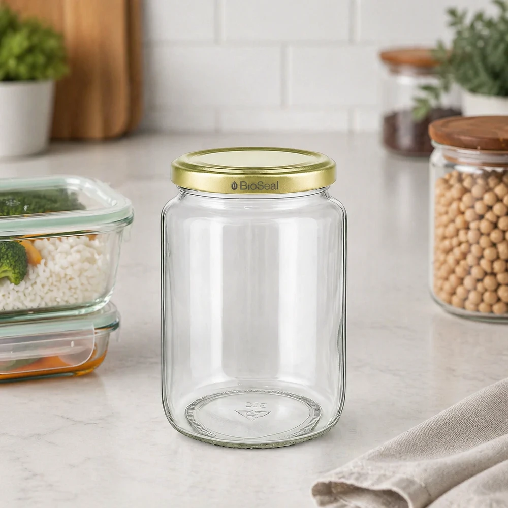 1000 g honningglas med gyldent BioSeal UNiTWIST-låg 1000 g BioSeal honningkrukke tom med gyldent skruelåg på køkkenbordet ved siden af opbevaringsglas med kikærter