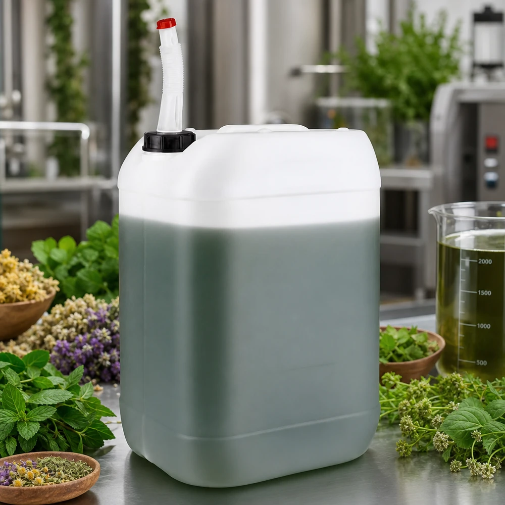 Beholder 25 liter med udløbsrør Flex Grøn-hvid 25-liters dunk med bøjeligt udløbsrør omgivet af friske urter og lægeplanter