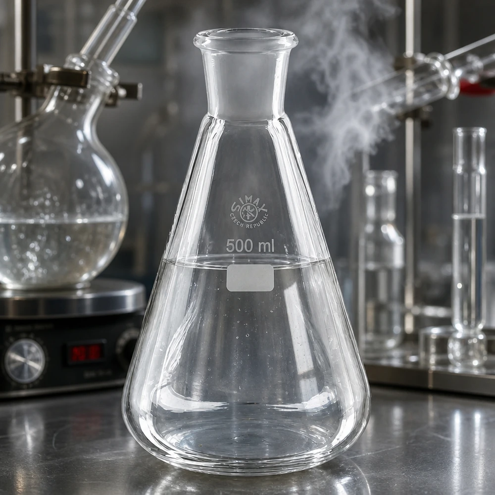 Erlenmeyer-kolbe 500 ml med standard slebet led (29/32) Gennemsigtig 500 ml Erlenmeyer-kolbe med slebet standardfuge 29/32 til kemiske eksperimenter