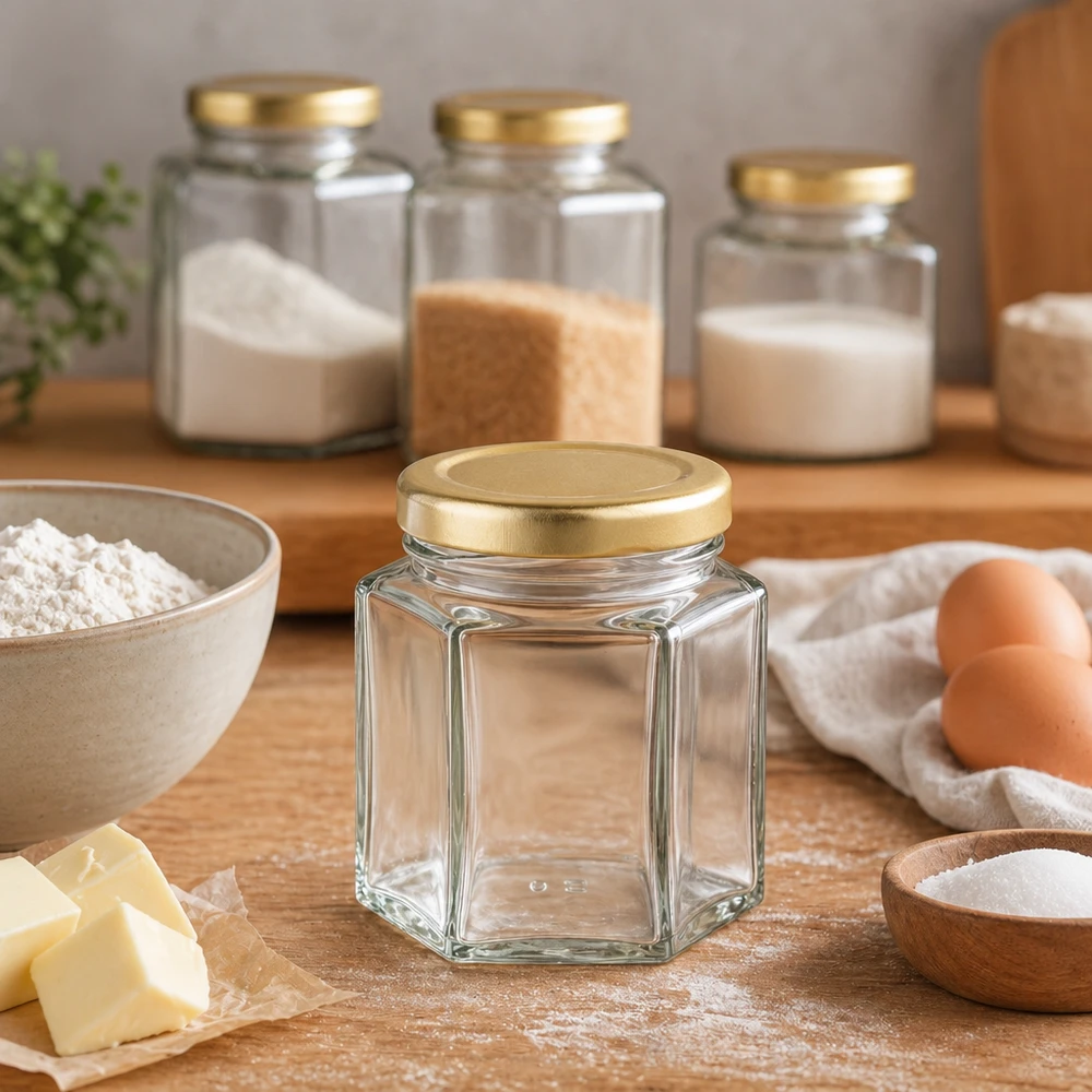 60 g honningglas med gyldent låg BasicSeal UNiTWIST 60g honningkrukke sekskantet tom i køkkenscene med bageingredienser mel æg smør og opbevaringskrukker