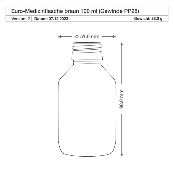 100 ml medicinflaske brun, hætte grøn med manipulationssikker ring ApoGlas. Farmaceutisk kvalitet fra EU-produktion. 28 mm (PP28) gevind. (sirup, lys glasflaske) 100 ml ravfarvet glasflaske i rund form med PP28-gevind til sikker opbevaring af medicin
