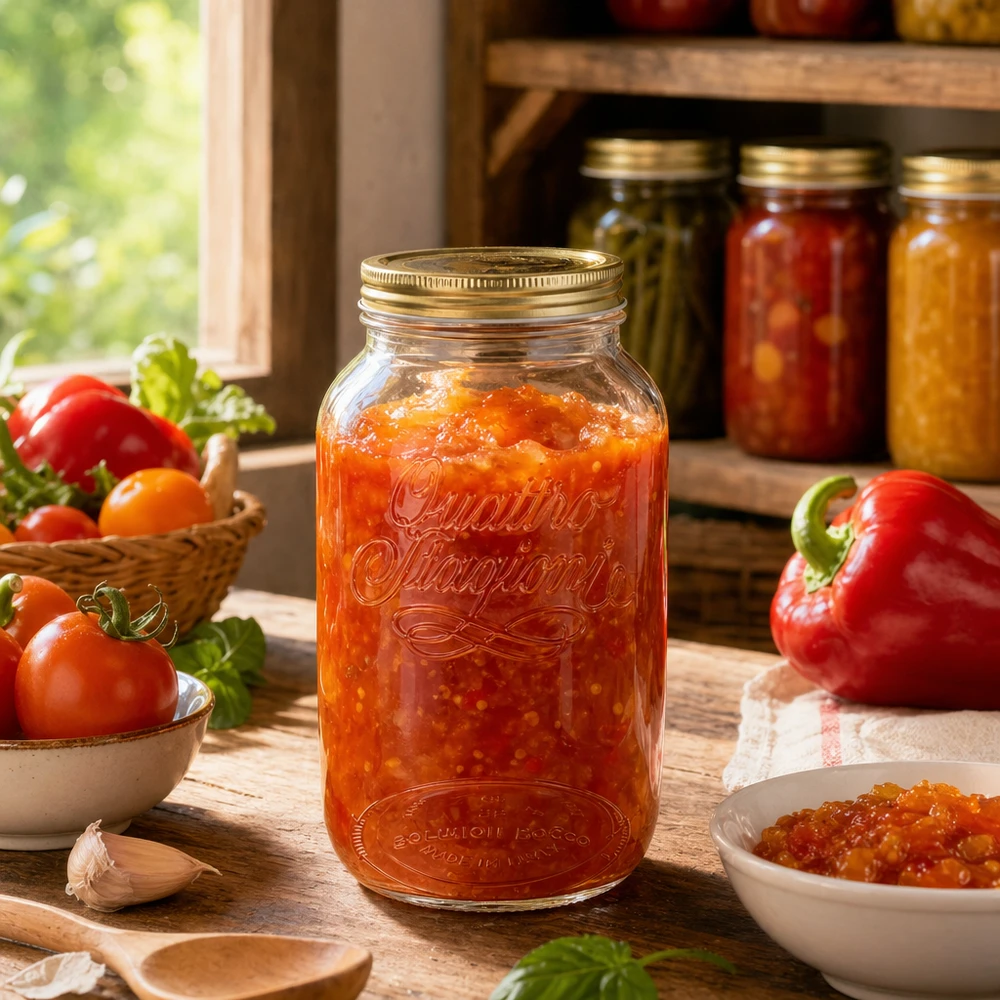 3800 ml rundt glas "Quattro Stagioni" med låg Quattro Stagioni 3800 ml rund krukke fyldt med tomatsauce sammen med friske tomater og peberfrugter Konservering