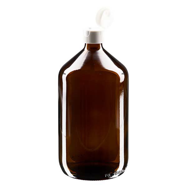 1000 ml medicinflaske brun, med flip top ApoGlas. Farmaceutisk kvalitet fra EU-produktion. 28 mm (PP28) gevind. (sirup, let glasflaske)