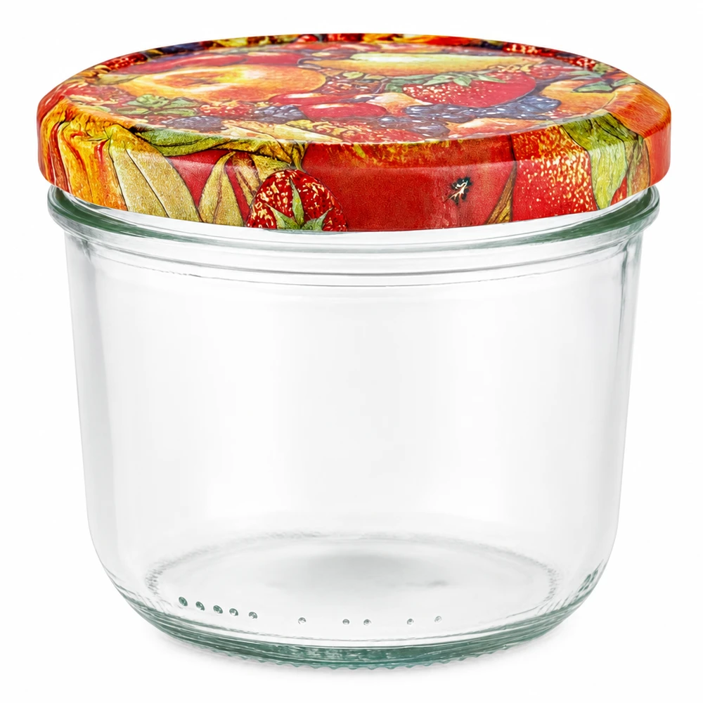 230 ml Briller + BasicSeal låg frugtdekoration UNiTWIST Tomt 230 ml murerbalje med farverigt frugtlåg BasicSeal til syltetøj og konserves