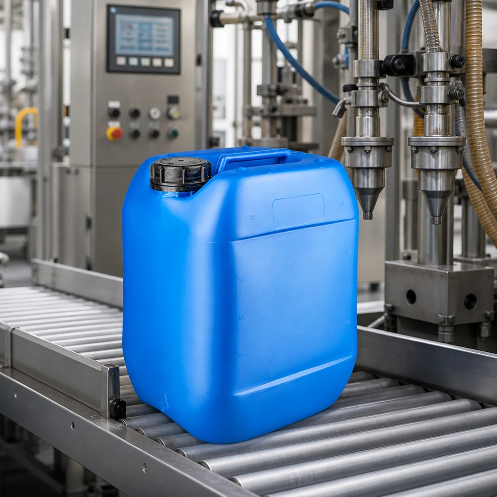 10 liters blå dunk med skruelåg OV 10-liters industrikanister, blå, med sort OV-skruelåg på et transportbåndsbaseret påfyldningsanlæg