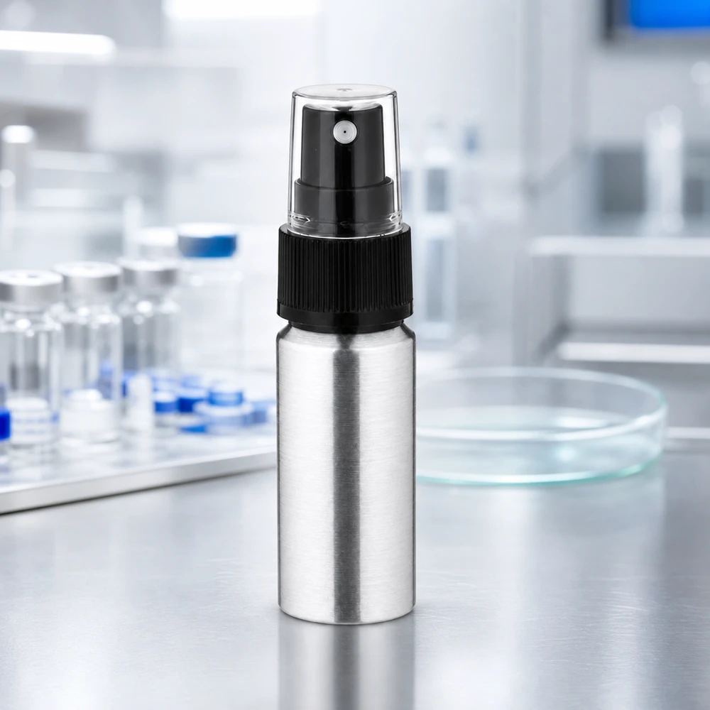 20 ml flaske i poleret aluminium med forstøver Professionel 20 ml aluminiumsflaske med forstøver - ideel til laboratoriemiljøer og medicinske anvendelser
