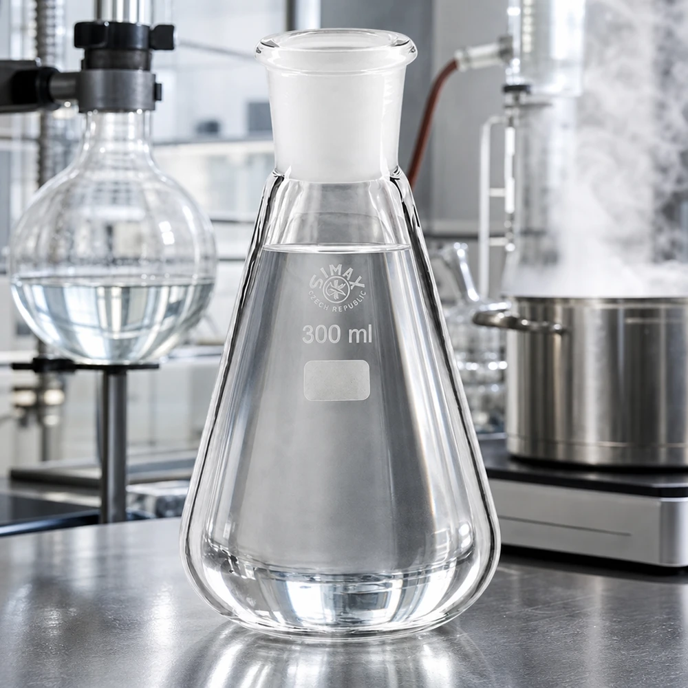 Erlenmeyer-kolbe 300 ml med standard slebet led (29/32) Erlenmeyer-kolbe 300 ml med hvid prop og slebet standardfuge 29/32 til præcist laboratoriearbejde
