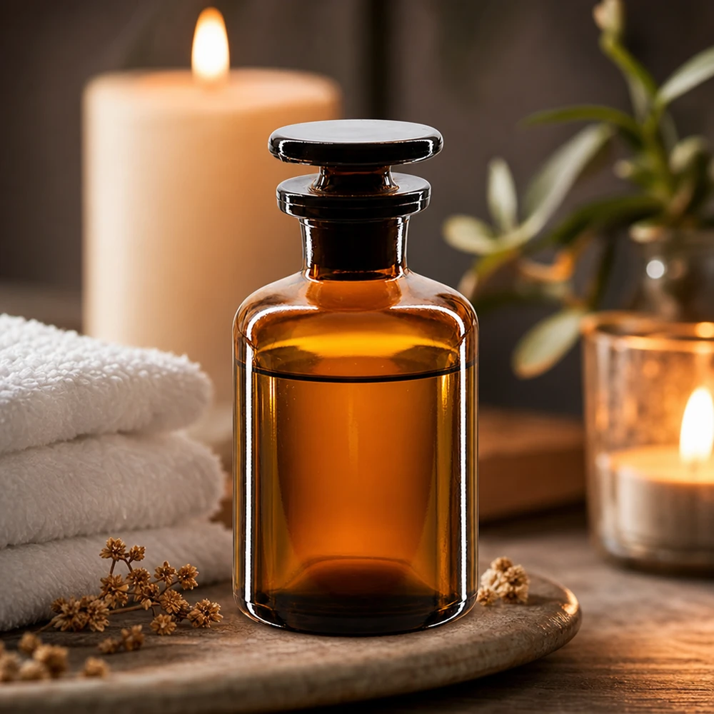 Rund skulderflaske 50 ml brun glasprop med smal hals Flaske med afrundede skuldre, 50 ml, brunt glas, smal hals og glasprop til parfume og duftolier