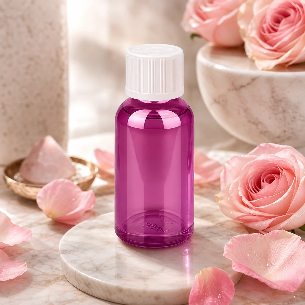 30 ml flaske 11 mm skruelåg hvid standard børnesikret PurpleLine UT18/30 30 ml flaske af højkvalitets borosilikatglas i elegant violet til kosmetik og aromaterapi