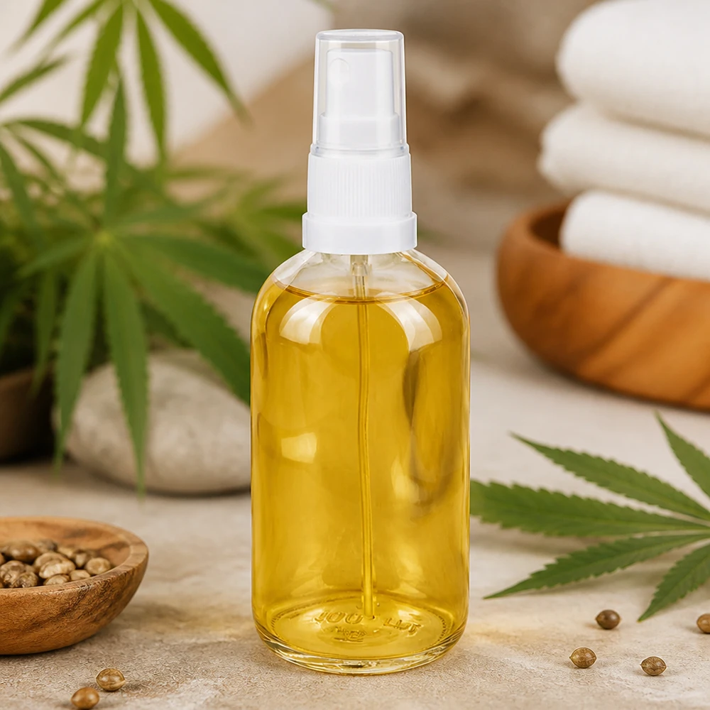 100 ml sprayflaske hvid/tr. STD ClearLine UT18/100 Hampolie i 100 ml glasflaske med hvidt sprøjtehoved – ClearLine UT18 emballage til naturkosmetik