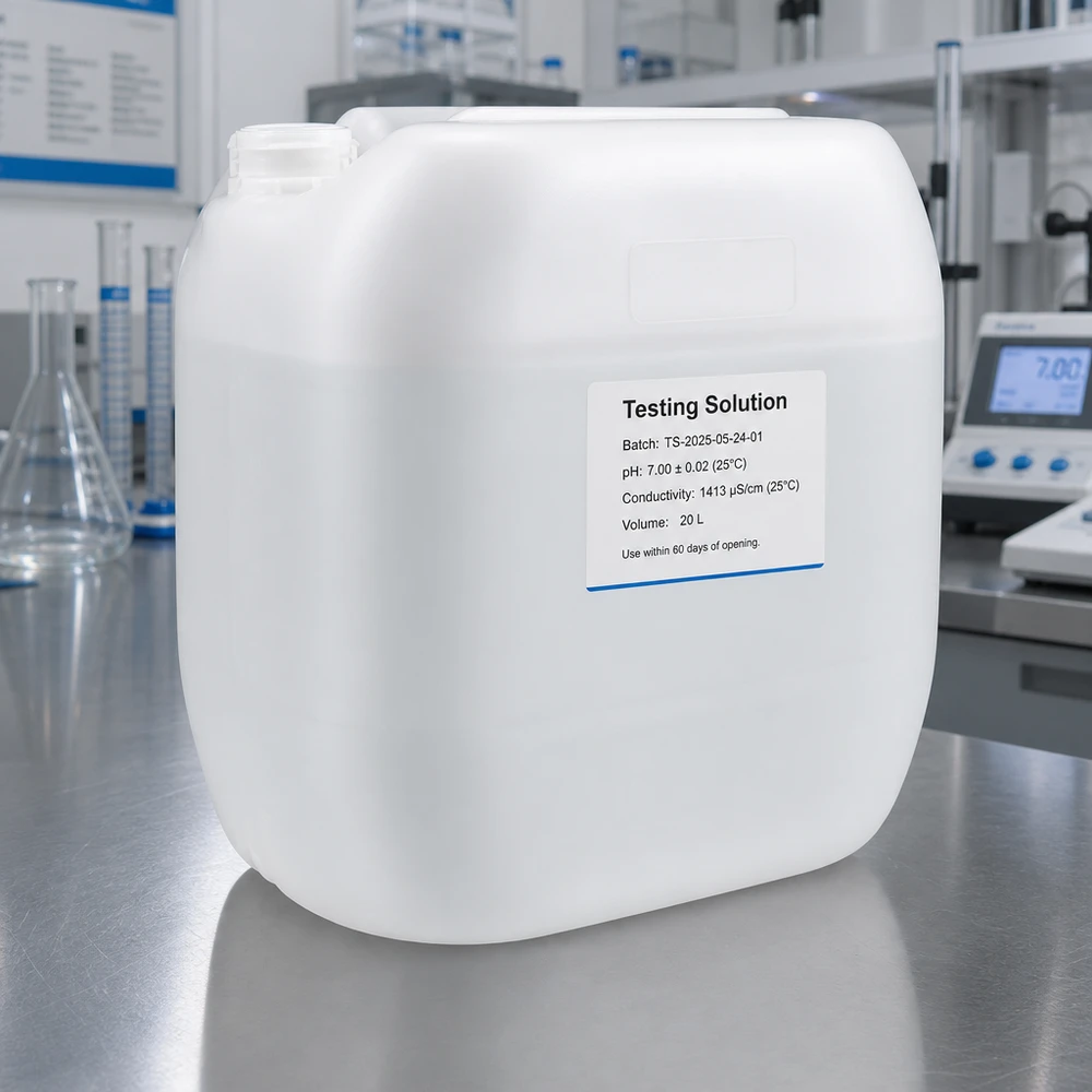 Laboratoriebeholder på 30 liter uden låg, med etiket til angivelse af pH-værdi og ledningsevne