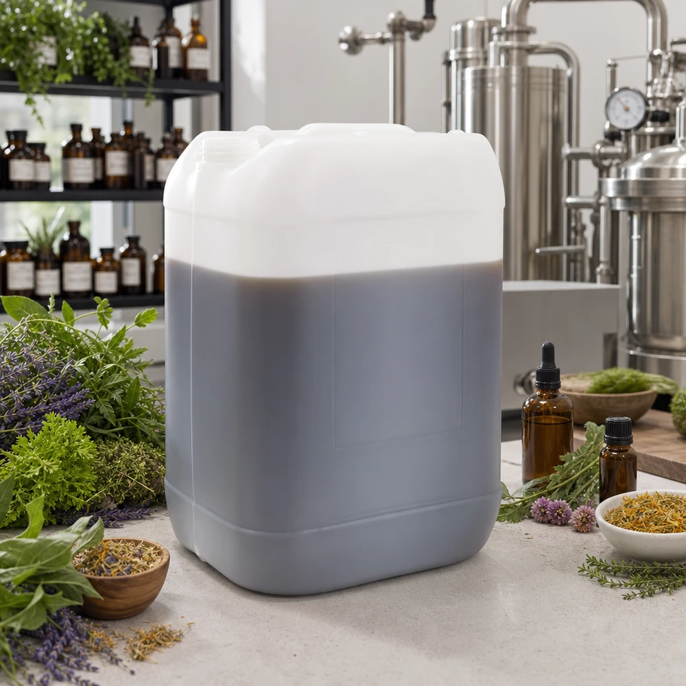 Grå 25-liters dunk uden låg blandt friske urter i produktionen af naturkosmetik