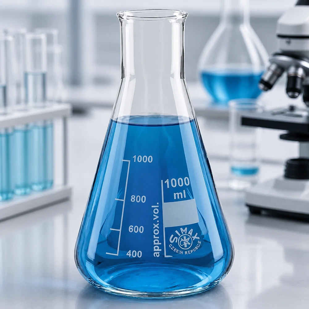 Erlenmeyer-kolbe 100 ml med bred hals Konisk Erlenmeyer-kolbe 100 ml med bred hals og blå væske i et moderne laboratoriemiljø