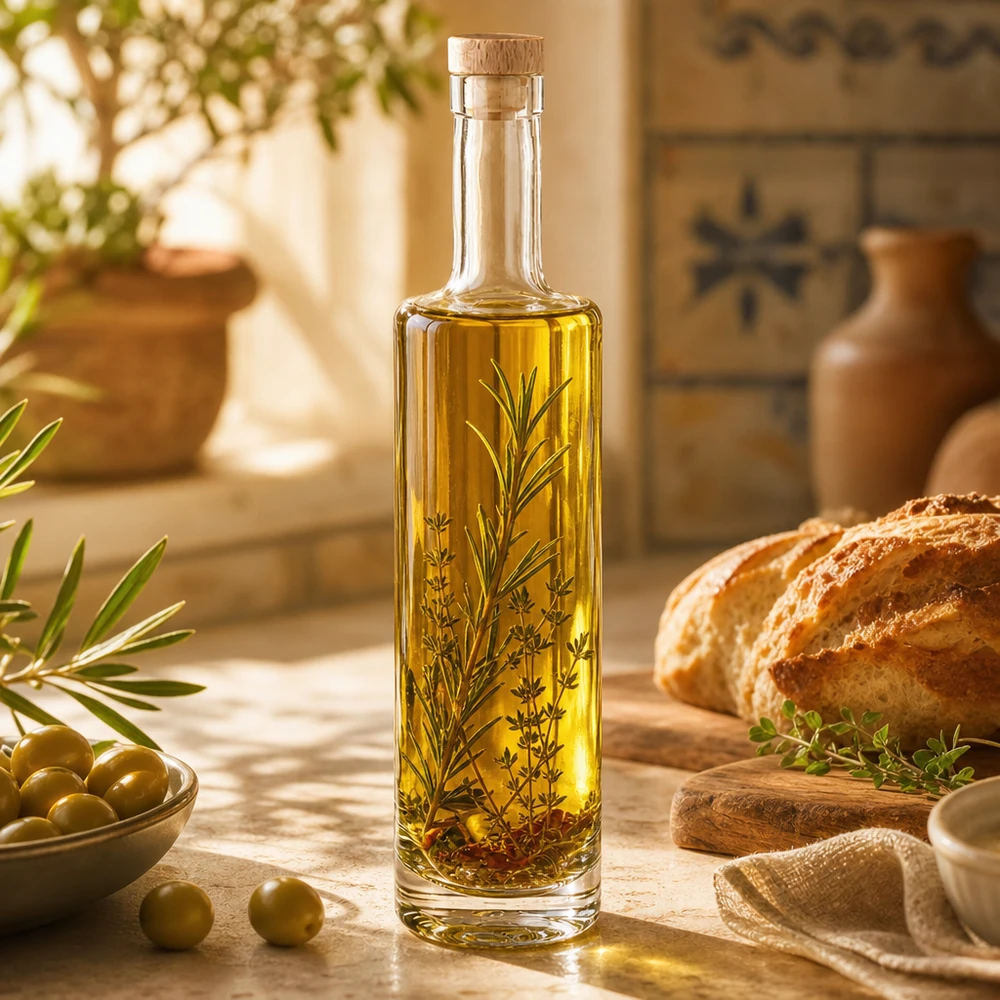 500 ml glasflaske »Lina« med træhåndtag UNiTWIST® 500ml Glasflasche Lina mit Holzkorken gefüllt mit Kräuteröl mediterrane Küche Oliven Brot rustikale Atmosphäre