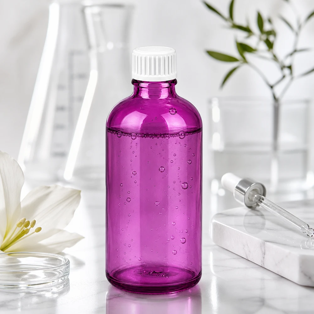 100 ml (globule) flaske 3 mm hældering hvid Standard PurpleLine. UT18/100 100 ml laboratorieflaske af højkvalitetsglas i lilla til farmaceutiske anvendelser