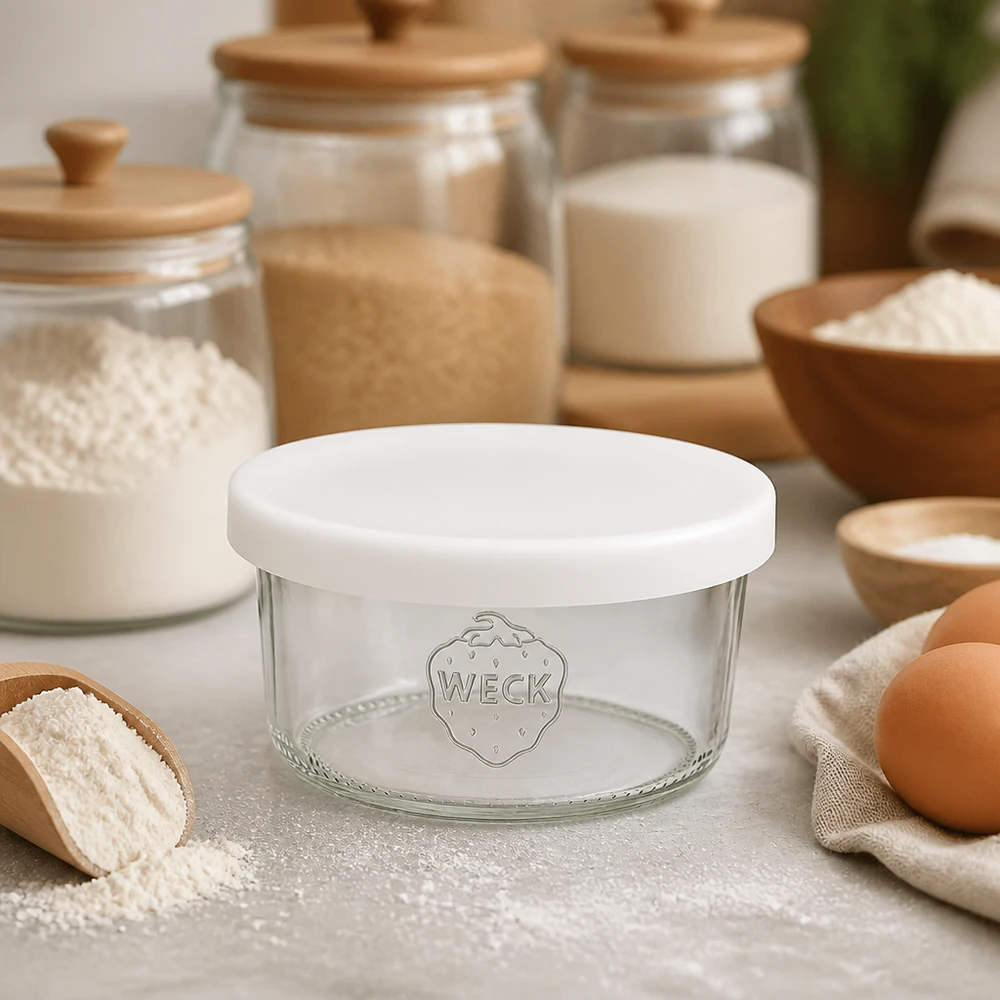 WECK 165 ml RR80-glas med hvidt silikonelåg i køkkenet mellem bageingredienser, mel, æg og opbevaringsglas