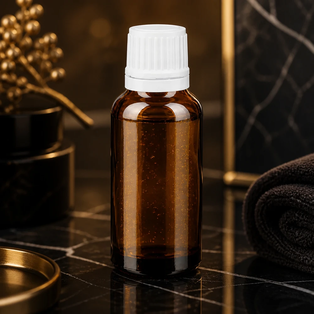 Apoteksflaske brun 20ml dryp v. 1,2 mm hvid OV Solcremeflaske på 20 ml af apotekerglas med hvid dråbeforsegling på sort marmorbaggrund
